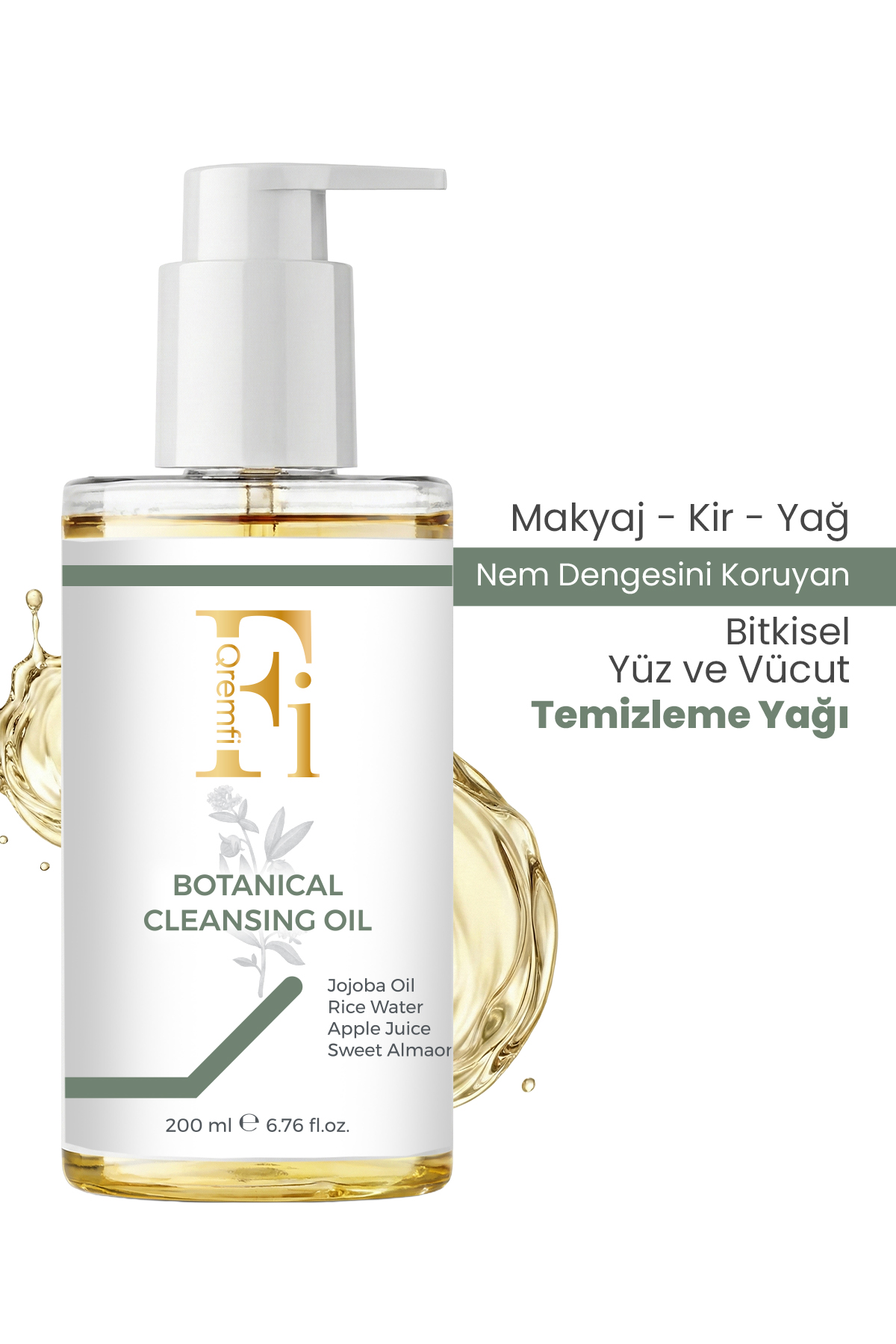 Qremfi Botanical Cleansing Oil - Makyaj, Yüz ve Vücut Bitkisel Temizleme Yağı 200 ml